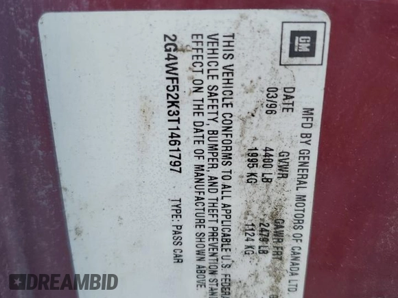 1996 Buick Regal with VIN 2G4WF52K3T1461797, listed as a Copart auction lot 74704534 with 93,303 mi miles and Salvage Title. Bid and sale history available at DreamBid. Image 12.