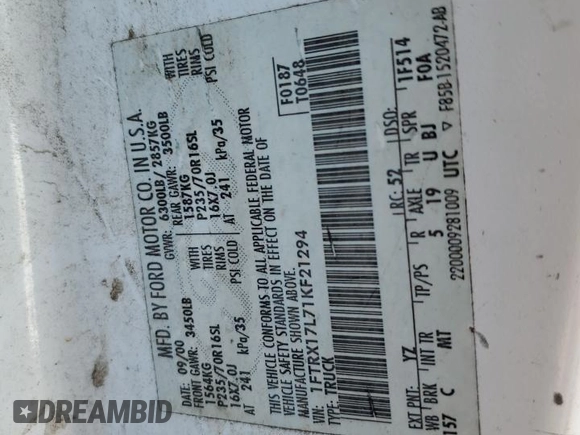2001 Ford F-150 XL with VIN 1FTRX17L71KF21294, listed as a Copart auction lot 52054605 with Not provided miles and Salvage title. Bid and sale history available at DreamBid. Image 13.