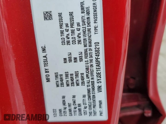 2023 Tesla Model 3 z VIN 5YJ3E1EA6PF458210, wystawiony jako Copart lot #60889235 z przebiegiem Nie podano mil oraz Szkoda całkowita • Salvage title. Historia ofert i sprzedaży dostępna na DreamBid. Obrazek 12.