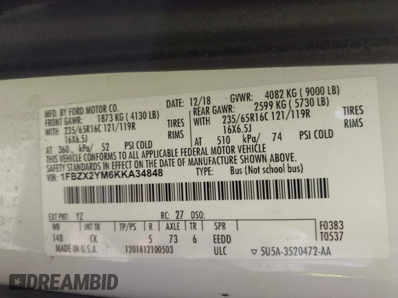 2019 Ford Transit Passenger XL with VIN 1FBZX2YM6KKA34848, listed as a IAAI auction lot 42263441 with 282,788 mi miles and . Bid and sale history available at DreamBid. Image 9.