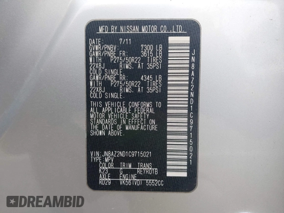 2012 Infiniti QX56 8-passenger with VIN JN8AZ2ND1C9715021, listed as a IAAI auction lot 41893659 with 170,969 mi miles and . Bid and sale history available at DreamBid. Image 9.