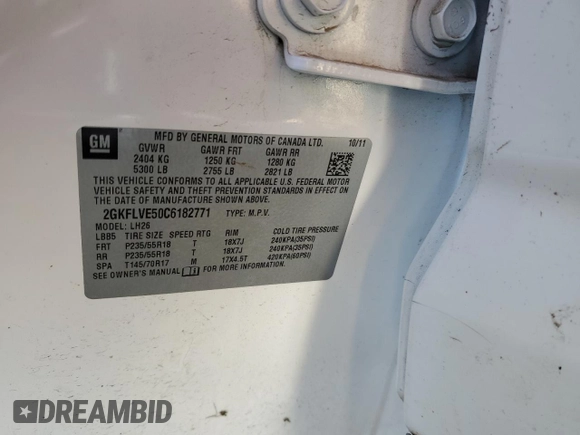 2012 GMC Terrain SLT-1 with VIN 2GKFLVE50C6182771, listed as a Copart auction lot 87076854 with 122,313 mi miles and Salvage Title. Bid and sale history available at carsss.com. Image 15.