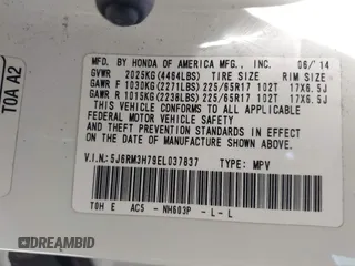 2014 Honda CR-V EX-L with VIN 5J6RM3H79EL037837, listed as a IAAI auction lot 42166214 with 257,643 mi miles and . Bid and sale history available at carsss.com. Image 9.