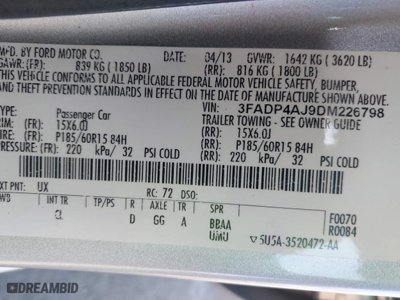 2013 Ford Fiesta S with VIN 3FADP4AJ9DM226798, listed as a IAAI auction lot 41775922 with 85,204 mi miles. Bid and sale history available at carsss.com. Image 9.