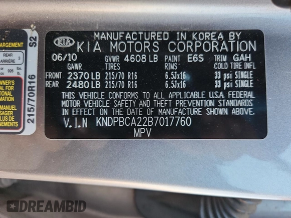 2011 Kia Sportage LX with VIN KNDPBCA22B7017760, listed as a Copart auction lot 60570025 with 118,617 mi miles and Salvage title. Bid and sale history available at DreamBid. Image 13.