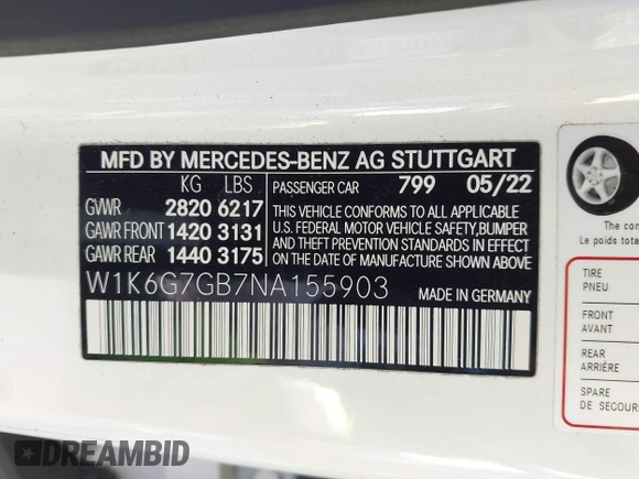 2022 Mercedes-Benz S 580 with VIN W1K6G7GB7NA155903, listed as a IAAI auction lot 41867399 with 60,573 mi miles and . Bid and sale history available at DreamBid. Image 9.