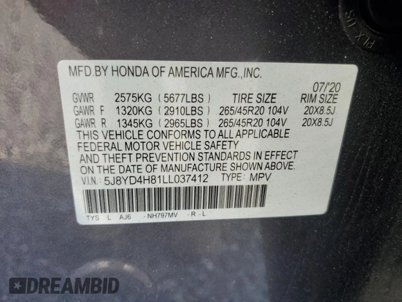 2020 Acura MDX w/Advance Pkg with VIN 5J8YD4H81LL037412, listed as a Copart auction lot 80635984 with 60,410 mi miles and Salvage Title. Bid and sale history available at carsss.com. Image 13.