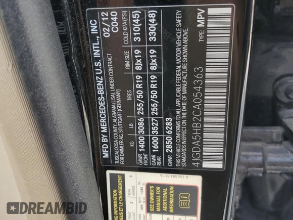 2012 Mercedes-Benz M 350 with VIN 4JGDA5HB2CA054363, listed as a Copart auction lot 57349515 with 152,116 mi miles and Clean title. Bid and sale history available at DreamBid. Image 13.