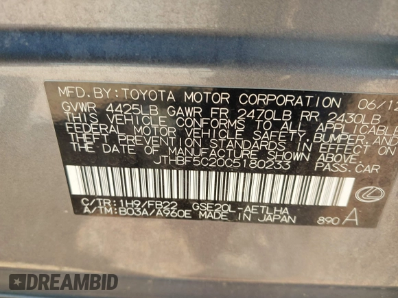 2012 Lexus IS 250 with VIN JTHBF5C20C5180233, listed as a IAAI auction lot 42718446 with 181,174 mi miles and . Bid and sale history available at DreamBid. Image 9.