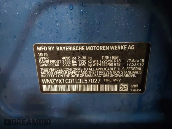 2020 MINI Countryman Cooper S with VIN WMZYX1C01L3L57027, listed as a IAAI auction lot 41270859 with 38,150 mi miles and . Bid and sale history available at DreamBid. Image 9.