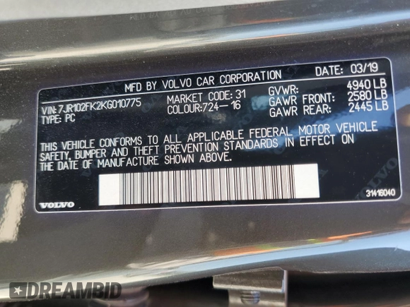 2019 Volvo S60 Momentum with VIN 7JR102FK2KG010775, listed as a Copart auction lot 48239693 with 48,431 mi miles. Bid and sale history available at carsss.com. Image 12.