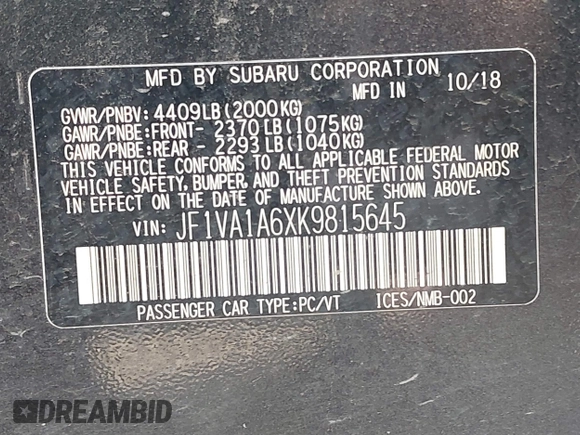 2019 Subaru WRX z VIN JF1VA1A6XK9815645, wystawiony jako IAAI lot #42416285 z przebiegiem 67 081 mil mil oraz . Historia ofert i sprzedaży dostępna na DreamBid. Obrazek 9.