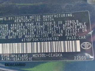 2005 Toyota Camry LE with VIN 4T1BF30K15U086182, listed as a IAAI auction lot 42204900 with 139,684 mi miles and . Bid and sale history available at DreamBid. Image 9.