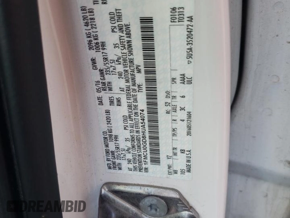 2017 Ford Escape SE z VIN 1FMCU0GD8HUA54074, wystawiony jako Copart lot #58860525 z przebiegiem 149 668 mil mil oraz Szkoda całkowita • Salvage title. Historia ofert i sprzedaży dostępna na DreamBid. Obrazek 13.