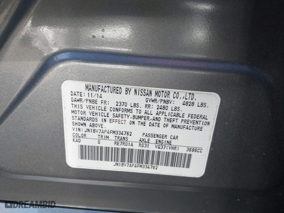 2015 Infiniti Q50 Premium with VIN JN1BV7AP4FM334762, listed as a IAAI auction lot 41443049 with 99,519 mi miles. Bid and sale history available at carsss.com. Image 9.