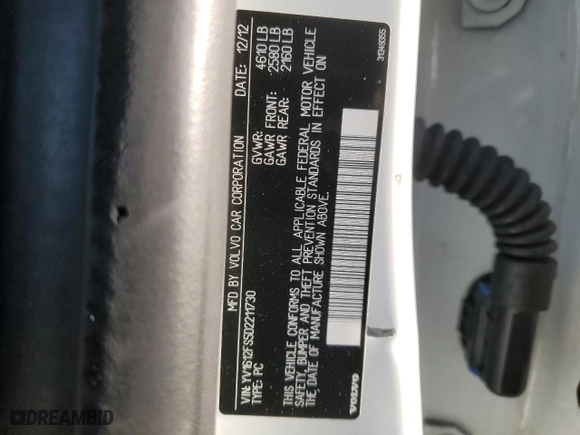 2013 Volvo S60 T5 Premier with VIN YV1612FS5D2211730, listed as a Copart auction lot 43998255 with 111,428 mi miles and Salvage Title. Bid and sale history available at carsss.com. Image 12.