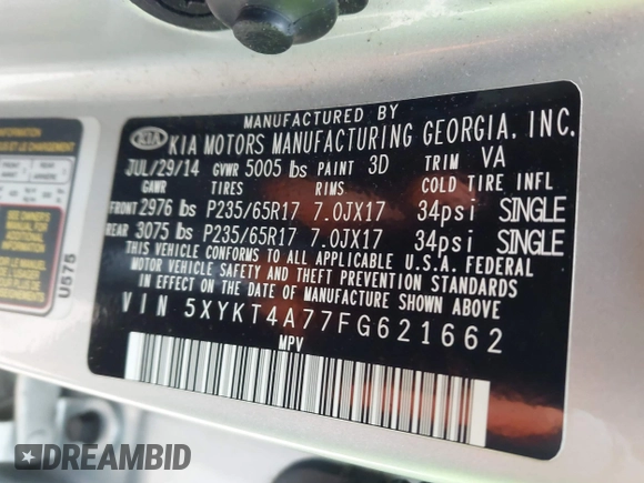 2015 Kia Sorento LX with VIN 5XYKT4A77FG621662, listed as a IAAI auction lot 41883976 with 62,540 mi miles. Bid and sale history available at carsss.com. Image 9.