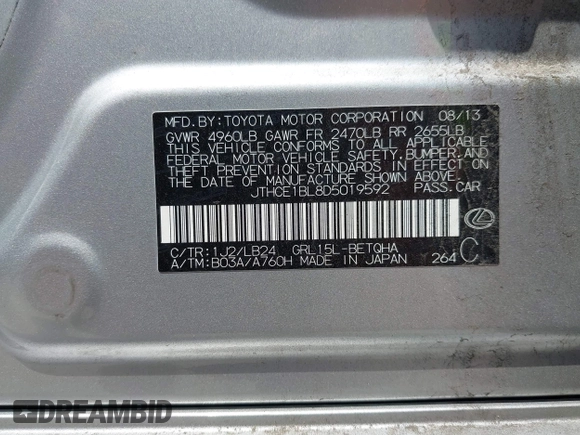 2013 Lexus GS 350 with VIN JTHCE1BL8D5019592, listed as a IAAI auction lot 42406573 with Not provided miles and . Bid and sale history available at DreamBid. Image 9.
