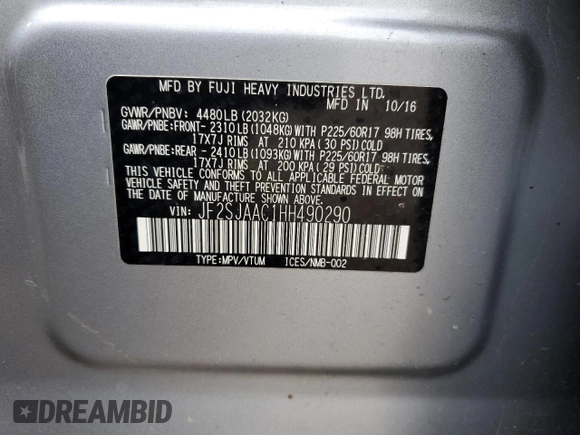2017 Subaru Forester with VIN JF2SJAAC1HH490290, listed as a Copart auction lot 54405215 with 80,391 mi miles and Salvage title. Bid and sale history available at DreamBid. Image 13.