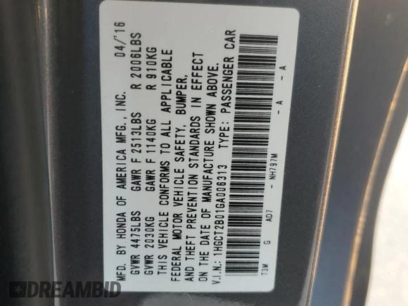 2016 Honda Accord Touring with VIN 1HGCT2B01GA006313, listed as a Copart auction lot 71765854 with 92,870 mi miles and Salvage Title. Bid and sale history available at DreamBid. Image 15.