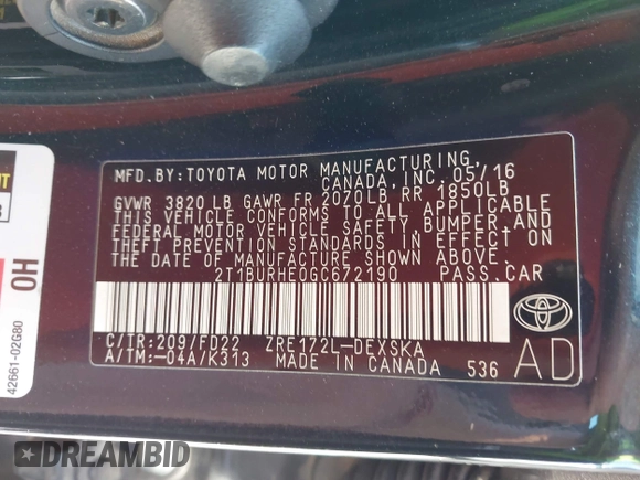 2016 Toyota Corolla L z VIN 2T1BURHE0GC672190, wystawiony jako IAAI lot #42438027 z przebiegiem 118 219 mil mil oraz . Historia ofert i sprzedaży dostępna na DreamBid. Obrazek 9.