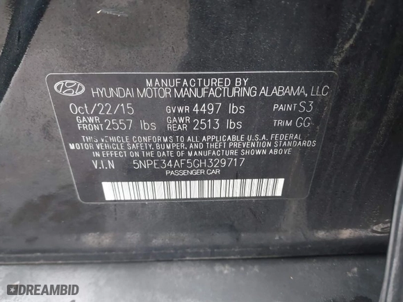 2016 Hyundai Sonata 2.4L Sport with VIN 5NPE34AF5GH329717, listed as a IAAI auction lot 41519434 with 49,069 mi miles. Bid and sale history available at carsss.com. Image 9.