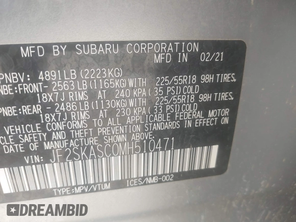 2021 Subaru Forester Limited with VIN JF2SKASC0MH510471, listed as a IAAI auction lot 42247275 with 49,130 mi miles and . Bid and sale history available at DreamBid. Image 9.