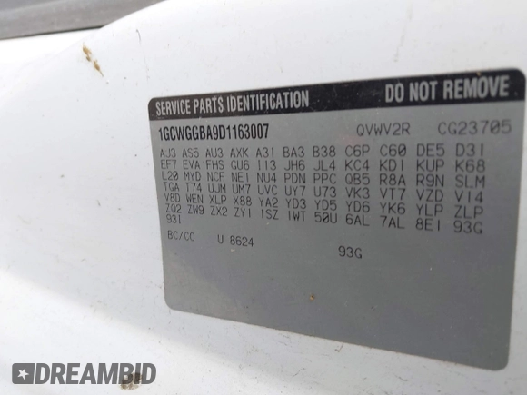 2013 Chevrolet Express Cargo with VIN 1GCWGGBA9D1163007, listed as a IAAI auction lot 42438809 with Not provided miles and . Bid and sale history available at DreamBid. Image 9.