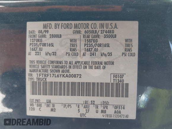 2000 Ford F-150 XL with VIN 1FTRF17L6YKA00872, listed as a IAAI auction lot 42195407 with 210,209 mi miles and . Bid and sale history available at DreamBid. Image 9.
