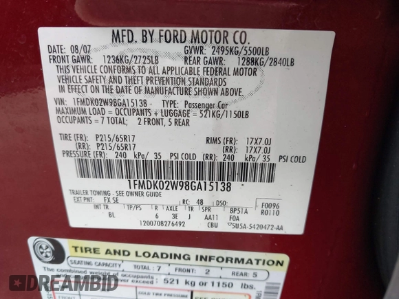 2008 Ford Taurus X SEL z VIN 1FMDK02W98GA15138, wystawiony jako IAAI lot #42628722 z przebiegiem 195 623 mil mil oraz . Historia ofert i sprzedaży dostępna na DreamBid. Obrazek 9.