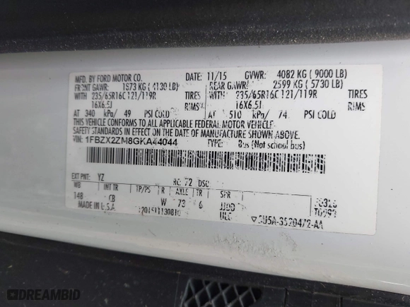 2016 Ford Transit Wagon XL with VIN 1FBZX2ZM8GKA44044, listed as a IAAI auction lot 40774606 with 57,176 mi miles. Bid and sale history available at carsss.com. Image 9.