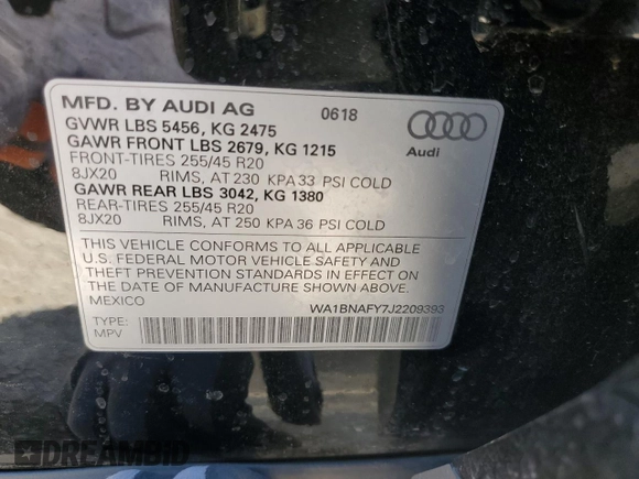2018 Audi Q5 Premium Plus with VIN WA1BNAFY7J2209393, listed as a Copart auction lot 62452055 with 33,944 mi miles and Salvage title. Bid and sale history available at DreamBid. Image 14.