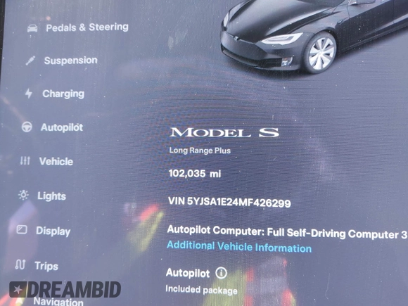 2021 Tesla Model S Long Range Plus z VIN 5YJSA1E24MF426299, wystawiony jako IAAI lot #41673498 z przebiegiem 102 035 mil mil oraz . Historia ofert i sprzedaży dostępna na DreamBid. Obrazek 7.