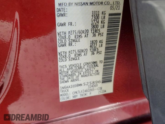 2021 Nissan Titan Pro-4X с VIN 1N6AA1ED8MN525896, выставлен на аукционе Copart как лот 58040055 с пробегом 39 043 миль миль и Списание • Salvage title. История ставок и продаж доступна на DreamBid. Изображение 14.