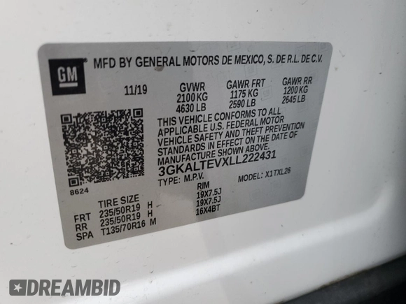 2020 GMC Terrain SLE with VIN 3GKALTEVXLL222431, listed as a Copart auction lot 80990714 with 69,204 mi miles and Salvage title. Bid and sale history available at DreamBid. Image 16.