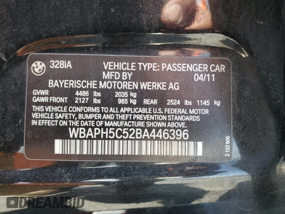 2011 BMW 3 Series 328i with VIN WBAPH5C52BA446396, listed as a Copart auction lot 62538425 with 129,847 mi miles and Salvage title. Bid and sale history available at DreamBid. Image 12.