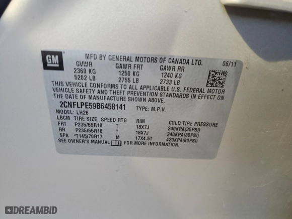 2011 Chevrolet Equinox LT w/2LT with VIN 2CNFLPE59B6458141, listed as a Copart auction lot 44502575 with 59,707 mi miles and Salvage Title. Bid and sale history available at carsss.com. Image 12.