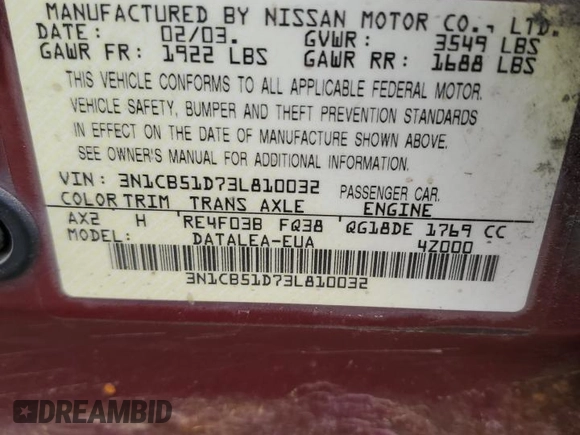 2003 Nissan Sentra XE z VIN 3N1CB51D73L810032, wystawiony jako Copart lot #51534045 z przebiegiem 170 969 mil mil oraz Szkoda całkowita • Salvage title. Historia ofert i sprzedaży dostępna na DreamBid. Obrazek 12.