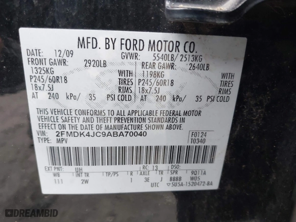 2010 Ford Edge SEL with VIN 2FMDK4JC9ABA70040, listed as a IAAI auction lot 39130825 with 153,618 mi miles. Bid and sale history available at carsss.com. Image 9.