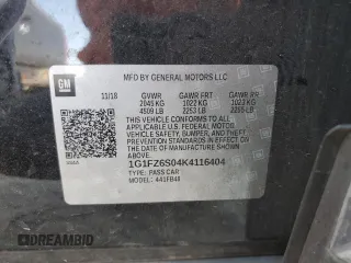 2019 Chevrolet Bolt EV Premier with VIN 1G1FZ6S04K4116404, listed as a Copart auction lot 58402202 with 37,721 mi miles. Bid and sale history available at carsss.com. Image 10.