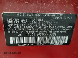 2017 Subaru WRX Limited with VIN JF1VA1J68H8839909, listed as a Copart auction lot 60354755 with 79,325 mi miles and Clean title. Bid and sale history available at DreamBid. Image 12.