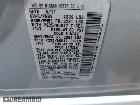 2011 Nissan Rogue SV z VIN JN8AS5MT7BW179433, wystawiony jako IAAI lot #42041364 z przebiegiem 110 197 mil mil oraz . Historia ofert i sprzedaży dostępna na DreamBid. Obrazek 9.