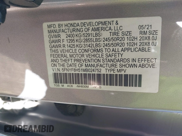 2021 Honda Passport EX-L with VIN 5FNYF8H51MB024752, listed as a IAAI auction lot 41858129 with 77,545 mi miles and . Bid and sale history available at DreamBid. Image 9.