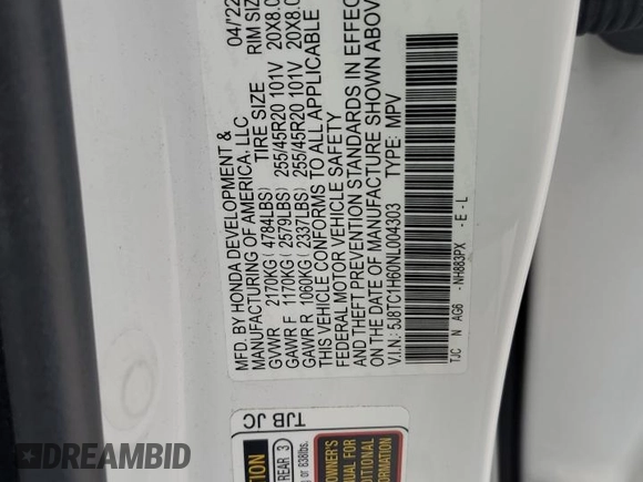 2022 Acura RDX w/A-Spec Package with VIN 5J8TC1H60NL004303, listed as a Copart auction lot 55949505 with 28,026 mi miles and Salvage title. Bid and sale history available at DreamBid. Image 12.