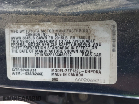 2003 Toyota Matrix Std with VIN 2T1KR32E13C062297, listed as a IAAI auction lot 42149647 with 208,453 mi miles and . Bid and sale history available at DreamBid. Image 9.