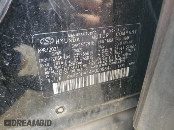 2021 Hyundai Santa Fe Hybrid SEL Premium with VIN KM8S3DA14MU009647, listed as a Copart auction lot 69026544 with 102,907 mi miles and Non Repairable. Bid and sale history available at carsss.com. Image 13.