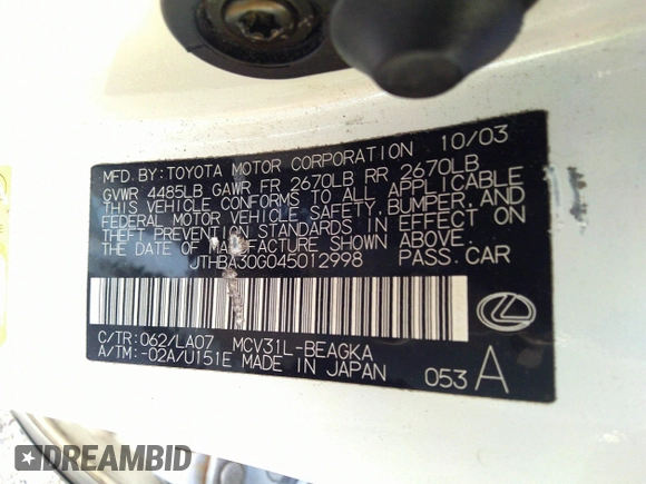 2004 Lexus ES 350 with VIN JTHBA30G045012998, listed as a IAAI auction lot 35739250 with Not Provided miles and . Bid and sale history available at DreamBid. Image 9.