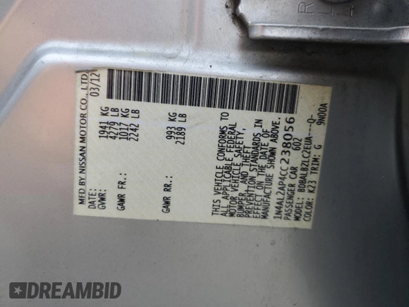 2012 Nissan Altima S with VIN 1N4AL2AP4CC238056, listed as a Copart auction lot 54590385 with 215,066 mi miles and Salvage Title. Bid and sale history available at DreamBid. Image 12.