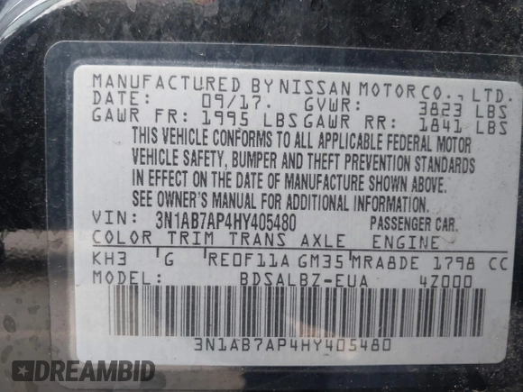 2017 Nissan Sentra SR with VIN 3N1AB7AP4HY405480, listed as a IAAI auction lot 42486083 with 113,268 mi miles and . Bid and sale history available at DreamBid. Image 9.