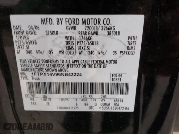 2006 Ford F-150 XLT with VIN 1FTPX14V96NB43224, listed as a Copart auction lot 86156484 with 186,728 mi miles and Clean Title. Bid and sale history available at carsss.com. Image 12.